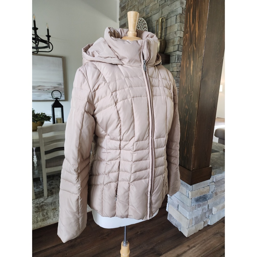 Calvin Klein Womens Large Beige Hooded Down Puffer Jacket Quilted Full Zip